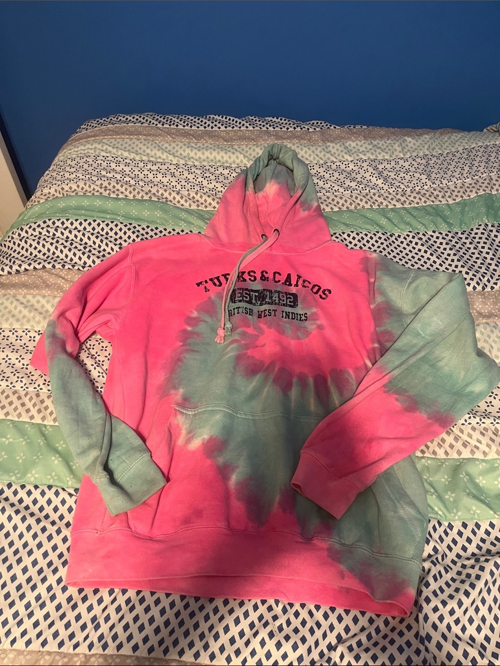Tie-Dye Pink & Green Hoodie with Turks & Caicos Print